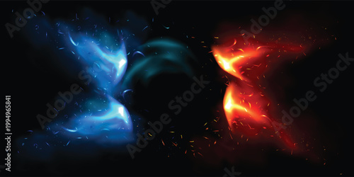 Dynamic cinematic blast of fire and ice with glowing embers, sparks, and smoke on a dark background. Powerful elemental contrast ideal for gaming, fantasy branding, and epic digital art.