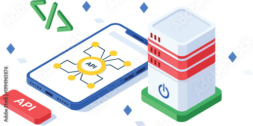 API technology illustration, smartphone with diagram, server tower connection, coding symbols, mobile application interface, backend system integration, software development concept, digital communica