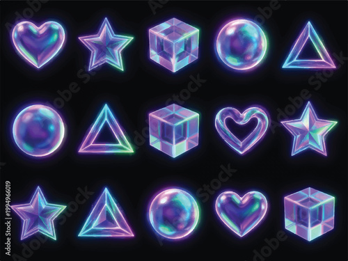Neon holographic 3d shapes heart star cube sphere triangle geometric colorful icons set