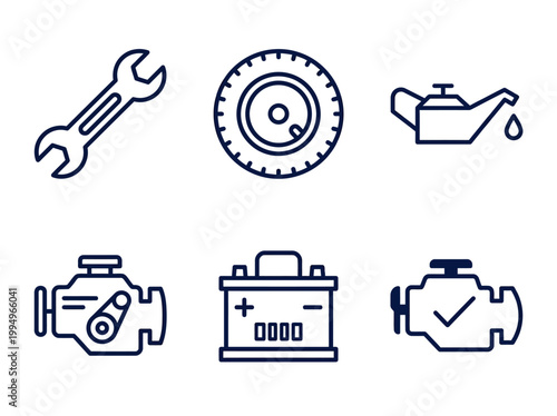 Set of automotive repair and maintenance icons representing car engine, battery, tire, oil can, and wrench for mechanical services