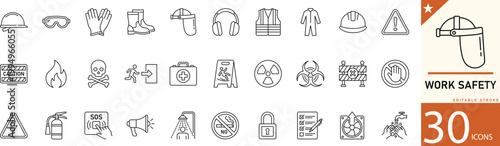  Work Safety line icon set for workplace protection, construction, helmet, hazard, warning, and safety rules. Editable vector icons for industrial projects, training materials, and safety guidelines