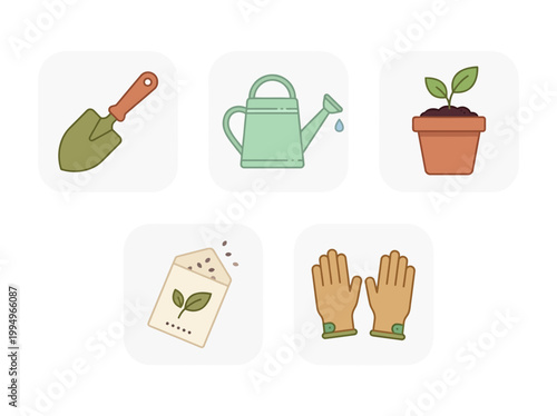 Collection of gardening tools and supplies, including a trowel, watering can, seedling pot, seed packet, and gloves, representing the act of planting and nurturing