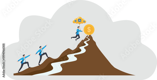 Team climbing a mountain towards a giant gold coin