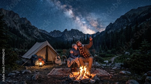 Father and son stargazing by a warm campfire in a mountain wilderness on father's day.
