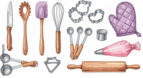 Baking Tools Illustration Set Featuring Rolling Pin, Measuring Spoons, Whisk, Cookie Cutters, and Oven Mitt for Kitchen Design Projects