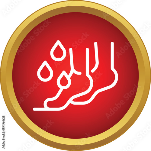Human foot with sweat drops on a red circle, symbolizing foot care and health