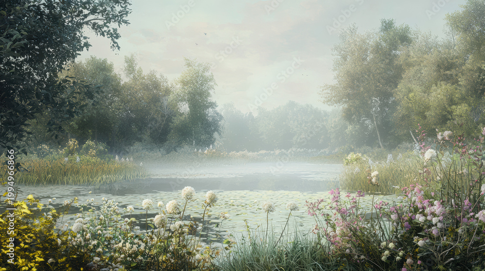 Fototapeta premium Serene lake with blooming flowers and lush trees shrouded in morning mist creates a tranquil and picturesque natural landscape perfect for relaxation.