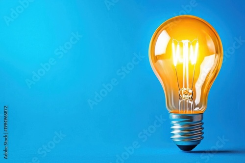 A glowing incandescent light bulb against a solid blue background symbolizing ideas and innovation.
