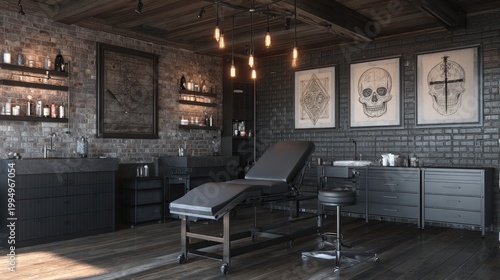 Interior of a dimly lit, rustic tattoo studio with a tattoo chair and anatomical art.