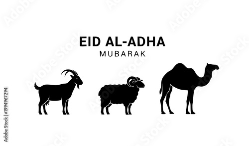 Minimal Eid al Adha Mubarak banner vector with animal silhouettes crescent moon and islamic design
