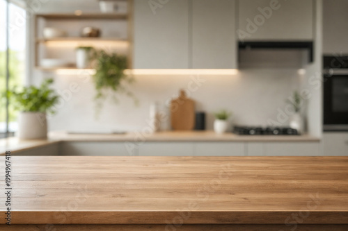 wooden top table with blurry background kitchen area