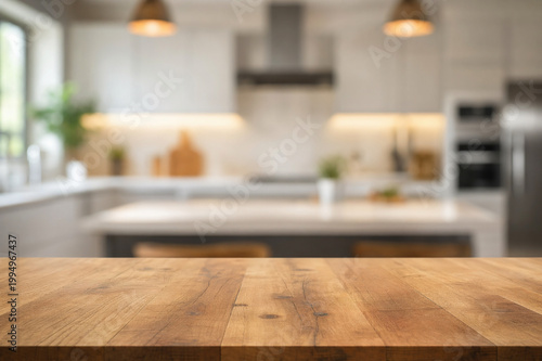 wooden top table with blurry background kitchen area