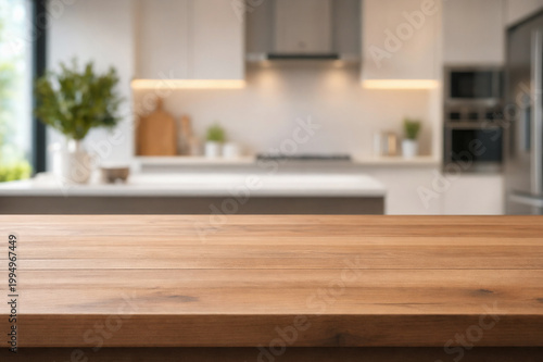 wooden top table with blurry background kitchen area