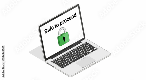 Cybersecurity Concept: 3D Isometric Laptop with Green Padlock Icon and Safe to Proceed Message on Screen, Secure Online Connection and Data Protection