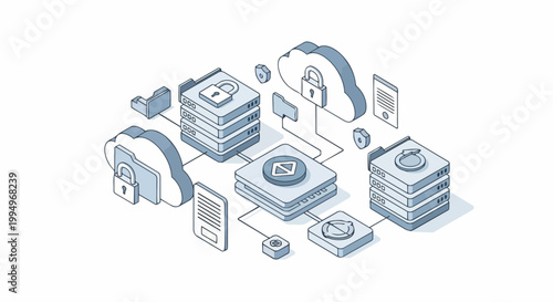 Secure Cloud Computing and Data Storage Infrastructure Isometric Illustration for Cybersecurity and Network Technology Concepts