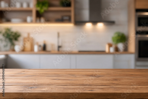 wooden top table with blurry background kitchen area