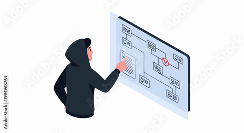 Cyber Hacker in Hoodie Analyzing Network Infrastructure and Digital Database on Virtual Screen, Cybercrime and Data Security Concept