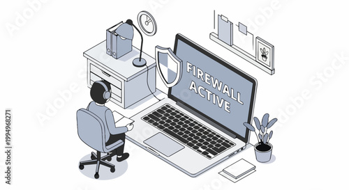Isometric Illustration of an IT Professional Working on a Laptop with Active Firewall Protection and Cybersecurity Shield