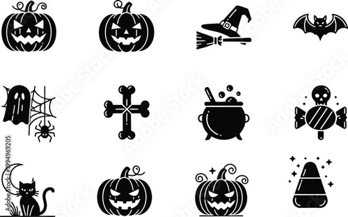 A set of black Halloween icons and symbols on a white background, including pumpkins, ghosts, and bats.