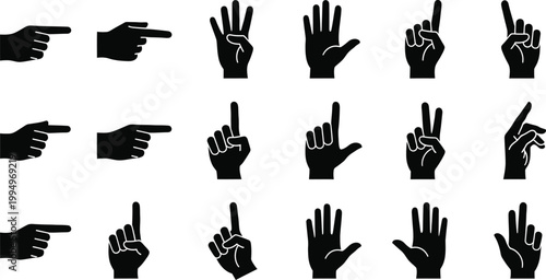A set of black hand icons in various gestures on a white background