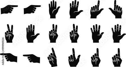 A set of black hand silhouettes in various gestures on a white background