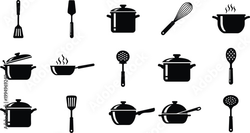 A set of black kitchen utensil and cookware icons on a white background
