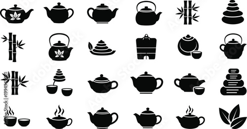 A set of minimalist tea icons and illustrations in black silhouette on a white background