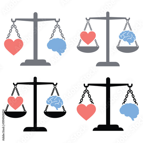 Logic versus emotion concept icons featuring a human brain and heart balanced on scales, representing emotional intelligence and rational decision making.