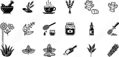 A set of black and white vector icons depicting various herbalism and natural remedy symbols