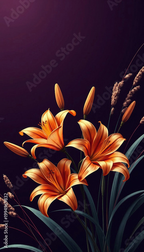 Orange lilies on a purple background