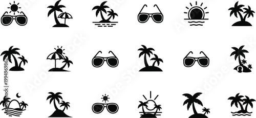 A set of black and white vector icons featuring palm trees and sunglasses on a white background