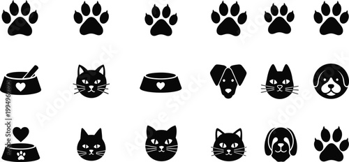 A set of black and white vector icons featuring various objects and symbols in a minimalist style