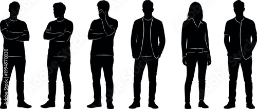 Set of diverse silhouettes of standing people in various poses including casual wear business attire and expressive body language gestures.