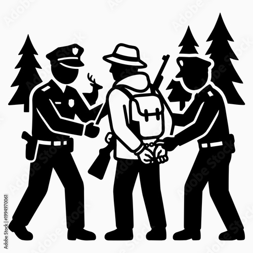Police Officers Arresting a Poacher in the Forest Vector Illustration