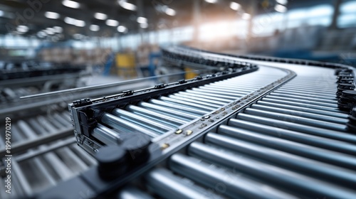 Streamlined Production Line Conveyor Belt System with Products Moving in Standard Scale Industrial Warehouse Environment Close-Up View Modern Manufacturing Concept