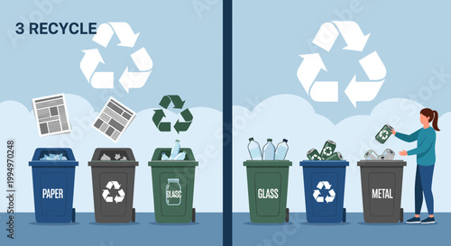 Bild auf Leinwand An illustration depicting the process of waste sorting and recycling, showing different bins for paper, glass, and metal, with a person actively participating in waste separation