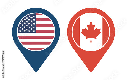 American and Canadian flags in map marker icons side by side