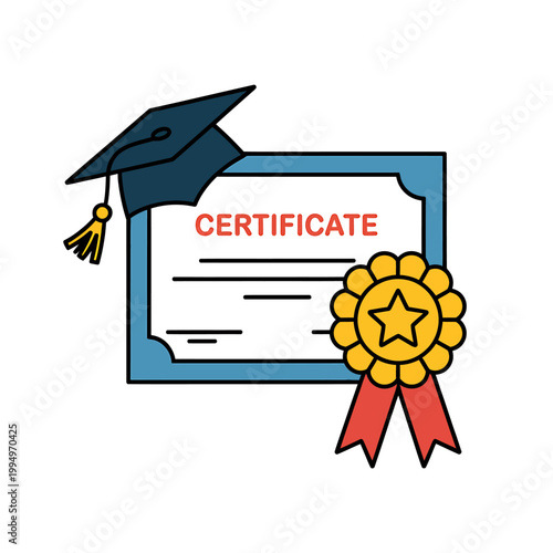Graduation certificate icon with cap and award ribbon on white background