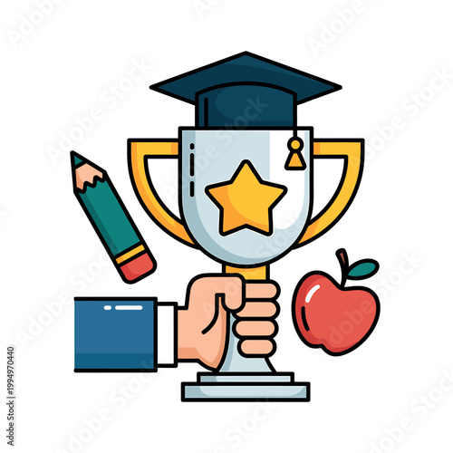 Cartoon hand holding trophy with graduation cap star and apple pencil