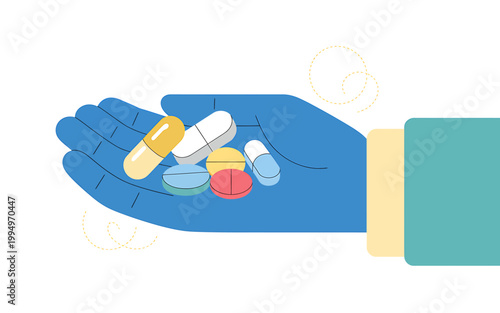 Hand holding various colorful pills and capsules in palm  medical concept