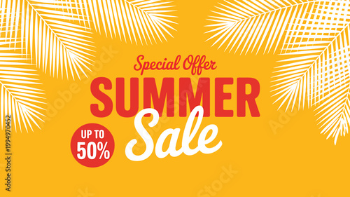 Summer sale special offer up to fifty percent off advertisement with palm leaves