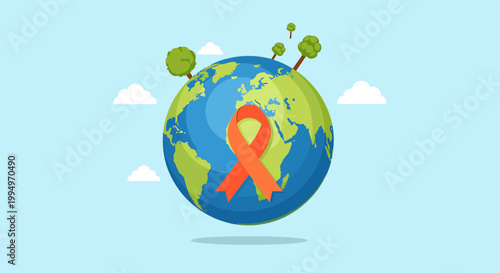 Photos A vibrant illustration of the Earth globe with an orange awareness ribbon, symbolizing global health and environmental consciousness, set against a clear blue sky with fluffy clouds and small trees