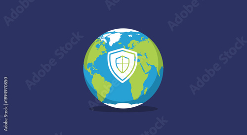 Photography A global security concept illustration featuring a shield icon centered on a blue and green earth, symbolizing worldwide protection and digital safety