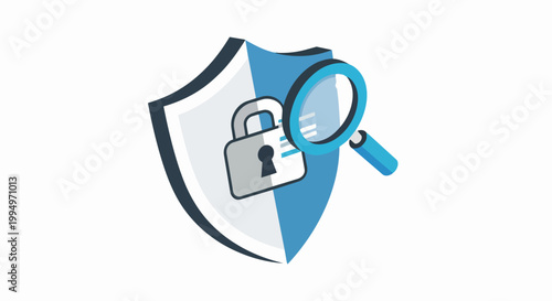 Cybersecurity and Data Protection Audit Concept Featuring Shield, Padlock, and Magnifying Glass Icon for Web and Business Security Analysis