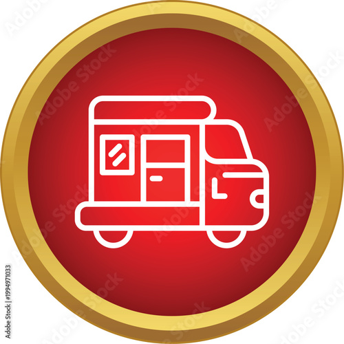 Tuk tuk rickshaw transportation vehicle icon inside a red and gold circular badge