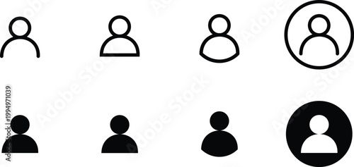 Minimalist user profile icon set, 8 black and white avatar symbols, thin line and solid silhouette person graphics for web and app interface design