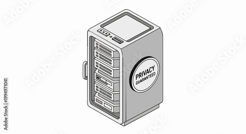 Isometric Server Rack Illustration with Privacy Guaranteed Badge for Data Security and Web Hosting Concepts