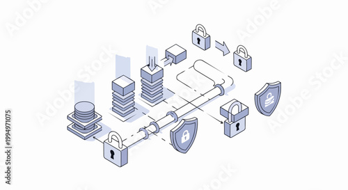 Isometric Cyber Security and Data Encryption Infrastructure Illustration Representing Secure Cloud Computing Network and Information Privacy Protection Concept