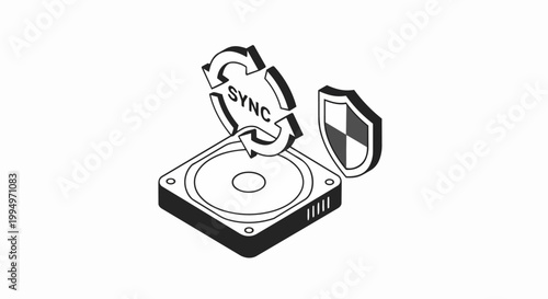 Isometric Hard Drive with Sync Icon and Security Shield for Data Backup and Protection Concept