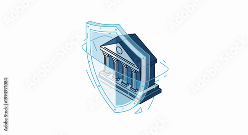 Isometric Illustration of a Bank Building Protected by a Security Shield for Financial Security and Cyber Defense